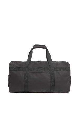 Black rectangular duffel bag with dual handles, padded grip, zippered top, and mesh side pockets on white background.