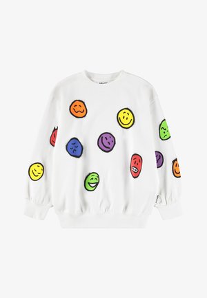 Vitt sweatshirt med flerfärgade smiley-ansikten i olika uttryck. Puffärmar och ribbade muddar. Mjuk bomullsdel.