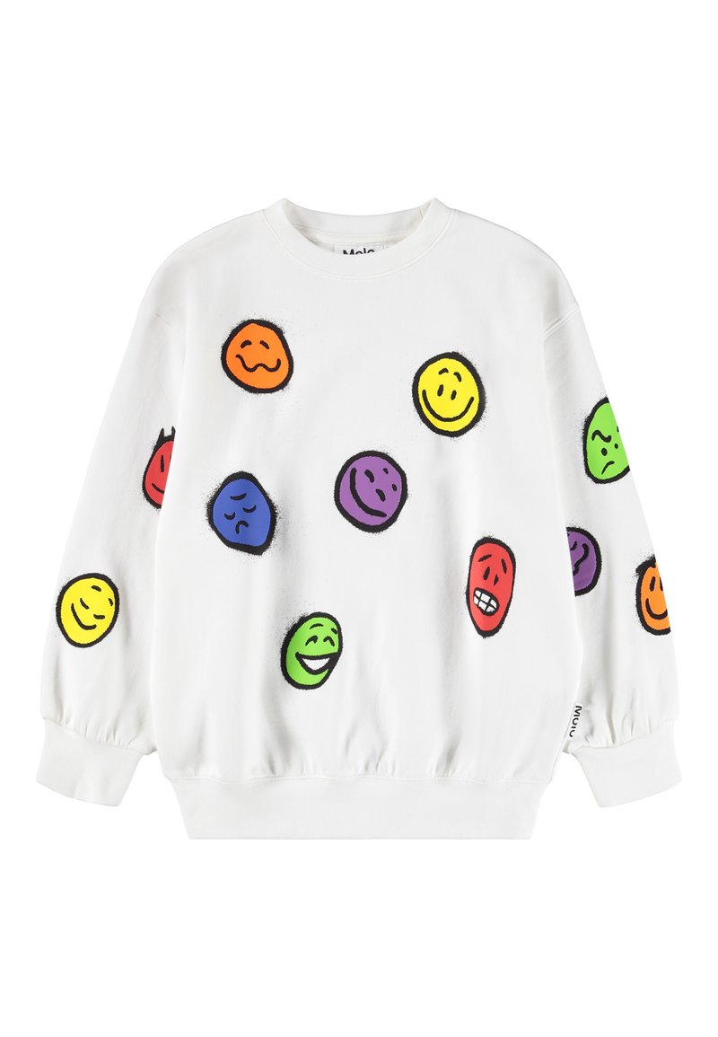 Felpa bianca con grafiche di faccine sorridenti multicolori in varie espressioni. Maniche a palloncino e polsini a coste. Materiale in morbido cotone.