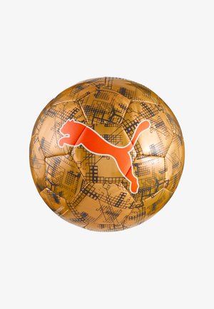 Golden soccer ball with black grid pattern and large red Puma cat logo in the center on a white background.