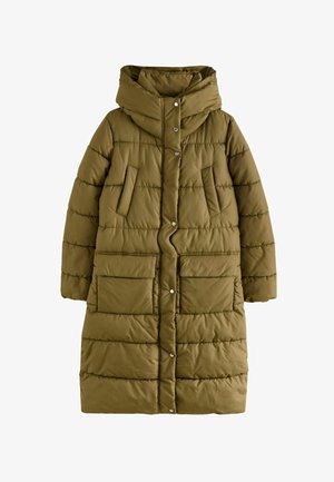 Pikk oliiviroheline soojendav talvekeeristus suure kapuutsiga, ees nupukinnitused, kaks rinna taskut ja kaks suurt esimest klap-taskut.