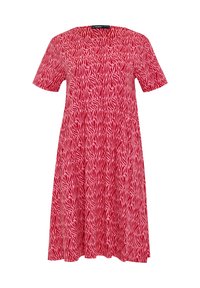 Rood kortärmige jurk met een golvend patroon in lichtere tinten roze, met een relaxed silhouet en een ronde halslijn.