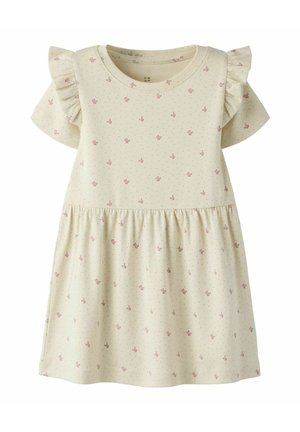 Robe pour tout-petit couleur crème avec petit imprimé floral rose, manches courtes volantées et jupe froncée à la taille.