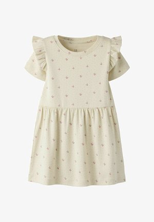 Robe pour tout-petit couleur crème avec petit imprimé floral rose, manches courtes volantées et jupe froncée à la taille.
