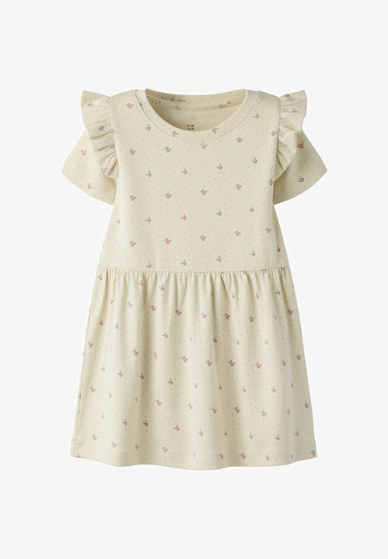 Robe pour tout-petit couleur crème avec petit imprimé floral rose, manches courtes volantées et jupe froncée à la taille.