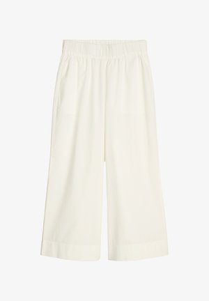 Weite, hoch taillierte cremefarbene Hose mit elastischem Bund und seitlichen Taschen, verkürzte Länge, aus leichtem Stoff gefertigt.