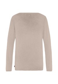Lichtbeige langemouwen trui met een vierkante halslijn en een zachte textuur. Heeft een klein merkembleem aan de onderzijde.