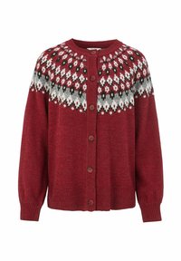 Roter gestrickter Cardigan mit runder Ausschnitt, Knopfverschluss und weißem, schwarzem sowie grauem Muster an der Schulter.