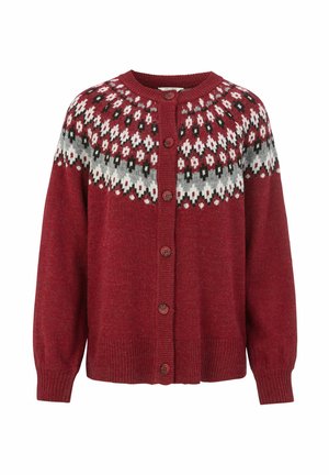 Red knitted cardigan with round neckline, button closure, and white, black, and gray patterned yoke detail.