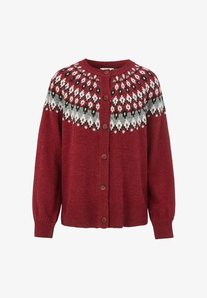 Rød strikket cardigan med rund halsudskæring, knaplukning og mønsterdetalje i hvid, sort og grå over yoken.