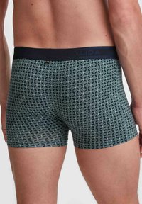Donkergroene boxershorts met een geometrisch patroon in lichtblauw, voorzien van een zachte elastische tailleband met de merknaam.