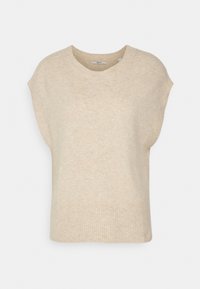 Beige ärmellose Strickweste mit geripptem Saum und rundem Halsausschnitt auf einem schlichten weißen Hintergrund.