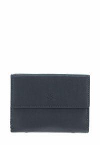 Portefeuille en cuir bleu marine de forme rectangulaire, texture lisse, rabat pliant, et logo embossé sur le devant. Détails de couture le long des bords.