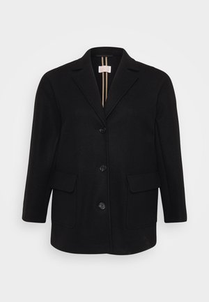 Cappotto in misto lana nero con colletto a revers, chiusura con bottoni frontali, due tasche frontali e una superficie liscia. Strisce verticali sulla fodera interna.