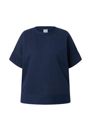 T-shirt bleu marine à manches courtes, col rond, avec des manches larges et un détail texturé à l'ourlet.