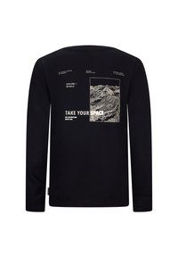 Schwarzes Langarm-T-Shirt mit grafischem Druck, der Bergbilder und Text zeigt. Weicher Stoff, normale Passform, mit Logo-Etikett an der Schulternaht.