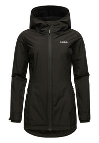 Black waterproof jacket with a zip front, adjustable hood, and side pockets. Features a hem with a slightly longer back design.