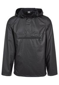 Sort hætteanorak lavet af skinnende, vandafvisende materiale. Har en frontlomme med lynlås og elastiske manchetter for en sikker pasform.