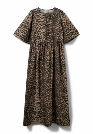 Midi-mekko, jossa ruskea ja musta leopardikuosi, pyöreä pääntie, lyhyet leveät hihat, kerrostettu vyötärö ja kolme pientä etuosan rusettiä.