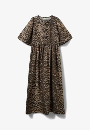 Midi šaty s hnedo-čiernym leopardím vzorom, okrúhlym výstrihom, krátkymi širokými rukávmi, nariaseným pásom a tromi malými prednými mašličkami.