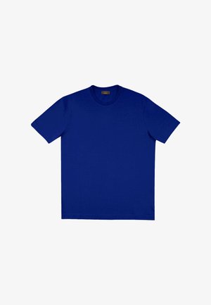 Einfarbiges T-Shirt mit kurzen Ärmeln und Rundhalsausschnitt in königsblau, flach auf einem weißen Hintergrund liegend.