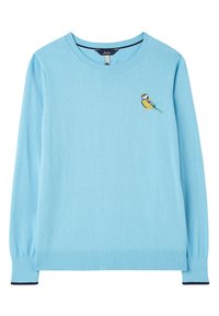 Pull en maille bleu clair avec col rond et manches longues. Détails d'oiseau brodés sur la poitrine. Poignets et ourlet côtelés.