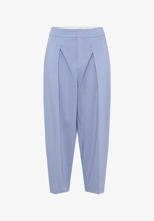 Világoskék, tailored nadrág, elöl redőzött részlettel, gumis derékkal és karcsúsodó lábbal, sima szövettextúrával.