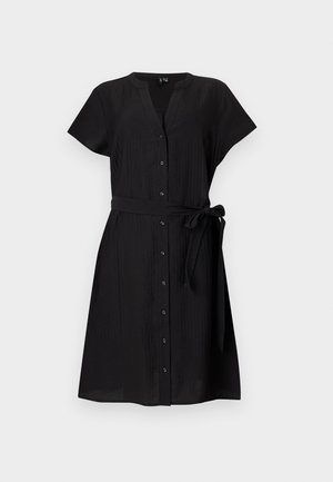 Black short-sleeve button-down dress with V-neck, tied waist belt, and knee-length hem.
