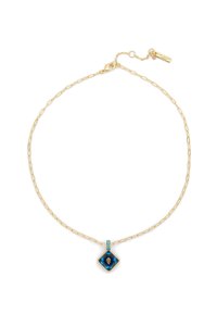 Collier en or avec un pendentif en forme de diamant en pierre précieuse bleue, orné d'accents turquoise et d'une fermeture à clasp.