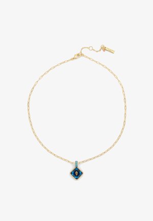 Collana in oro con pendente a forma di diamante in pietra blu con accenti turchesi e chiusura a scatto.