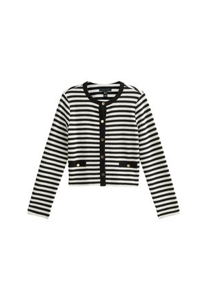 Schwarz-weißer gestreifter, kurz geschnittener Cardigan mit rundem Halsausschnitt, langen Ärmeln, goldenen Knopfakzenten und zwei Fronttaschen.