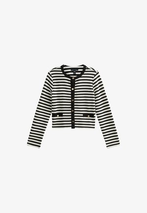 Svart och vitrandig kort cardigan med rund halsringning, långa ärmar, guldfärgad knappprydnad och två framfickor.