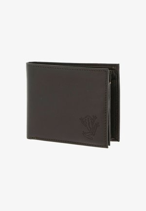 Portefeuille en cuir brun foncé pliable avec un petit motif de grenouille embossé dans le coin inférieur droit.