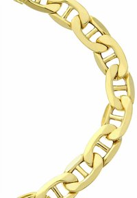 Bracciale in oro con maglie ovali intrecciate, finitura lucida e ritagli rettangolari tra le maglie.