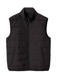 Schwarze gepolsterte Weste mit hohem Kragen, durchgehendem Reißverschluss und zwei seitlichen Reißverschlusstaschen. Verfügt über eine glatte Textur und ein gestepptes Muster.