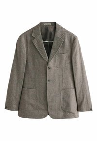 Brown herringbone blazer with notch lapels, two front pockets, and a chest pocket. Features three buttons and a textured wool fabric.