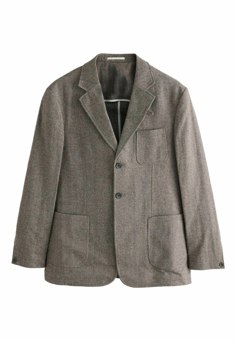 Brown herringbone blazer with notch lapels, two front pockets, and a chest pocket. Features three buttons and a textured wool fabric.