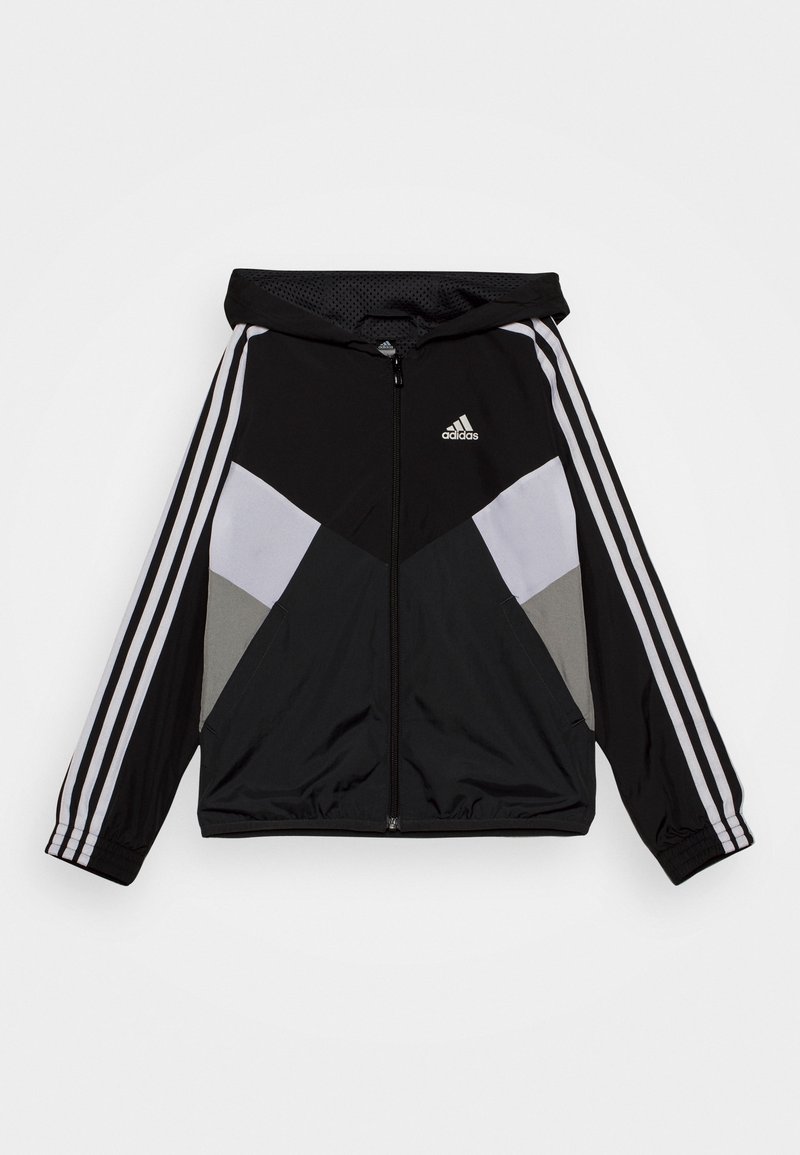 Black zip-up jacket with a hood, featuring gray and white geometric panels and three white stripes along the sleeves. Made from lightweight fabric.