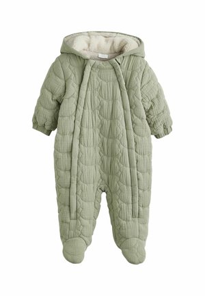 Gesteppter grüner Baby-Strampler mit Kapuze, langen Ärmeln, Fußabdeckungen und weichem cremefarbenem Innenfutter.