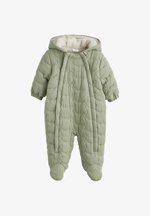Pelele acolchado verde para bebé con capucha, mangas largas, cubre pies y un suave forro interior de color crema.
