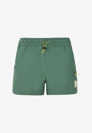 Groene zwembroek met een elastische tailleband en gele trekkoord, met een zijzak en een logopatch op het linkerbeen.