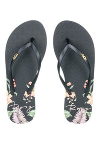 Svarte flip-flops med blomstermønster som har rosa og grønne aksenter. Teksturert såle og to-toners stropper; merkevare i gull på stroppen.