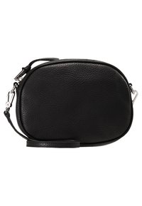Borsa a tracolla nera in pelle con forma ovale, superficie testurizzata, accessori in metallo argentato e una tracolla staccabile per un trasporto versatile.