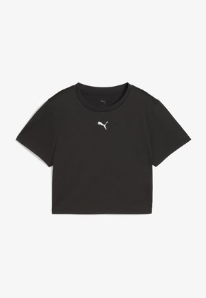 Zwart cropped t-shirt van lichtgewicht stof, met korte mouwen en een ronde hals. Klein wit Puma-logo op de borst.