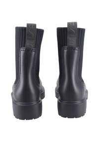 Stivali alla caviglia impermeabili neri con tomaia in tessuto a coste blu navy, linguetta con brand e una suola in gomma spessa per una buona aderenza.