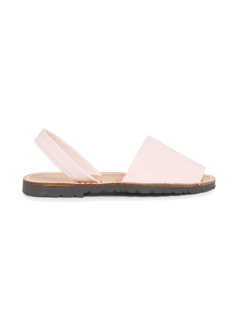 Roosa slingback sandaal laia esiosaabiga, nahk pealsega, pehme sisetalla ja lapik kummist tallaga. Lihtne disain ilma kaunistusteta.