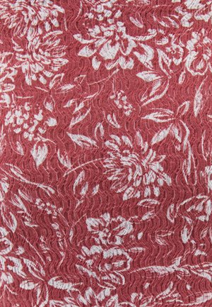 Red fabric with a white floral pattern, featuring textured, wavy lines. The design includes various flowers and leaves throughout.