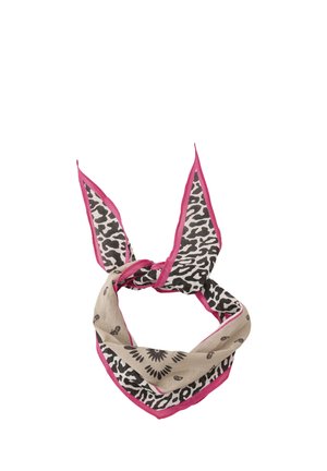 Quadratisches Tuch mit schwarzem und weißem Tiermuster sowie beigem Blumenmuster, eingefasst mit leuchtendem Pink, zu einem Knoten mit zwei spitzen Enden gebunden.