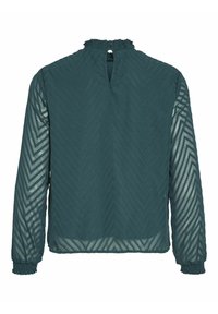 Blusa teal a maniche lunghe in tessuto trasparente con motivo a zigzag testurizzato, con scollatura arricciata e polsini elasticizzati. Dettaglio di spacco sul retro.
