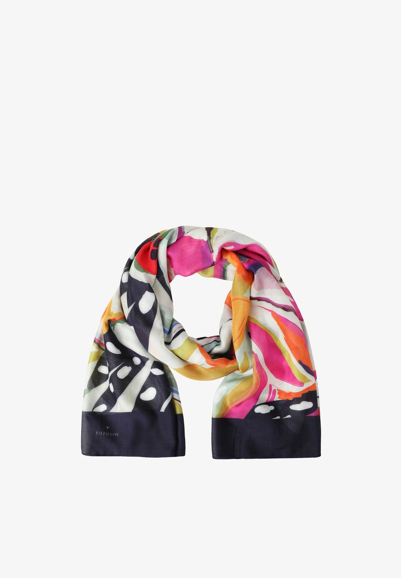 Écharpe légère avec des motifs abstraits colorés en rose, orange, noir, blanc et vert, pliée en boucle lâche sur fond blanc.